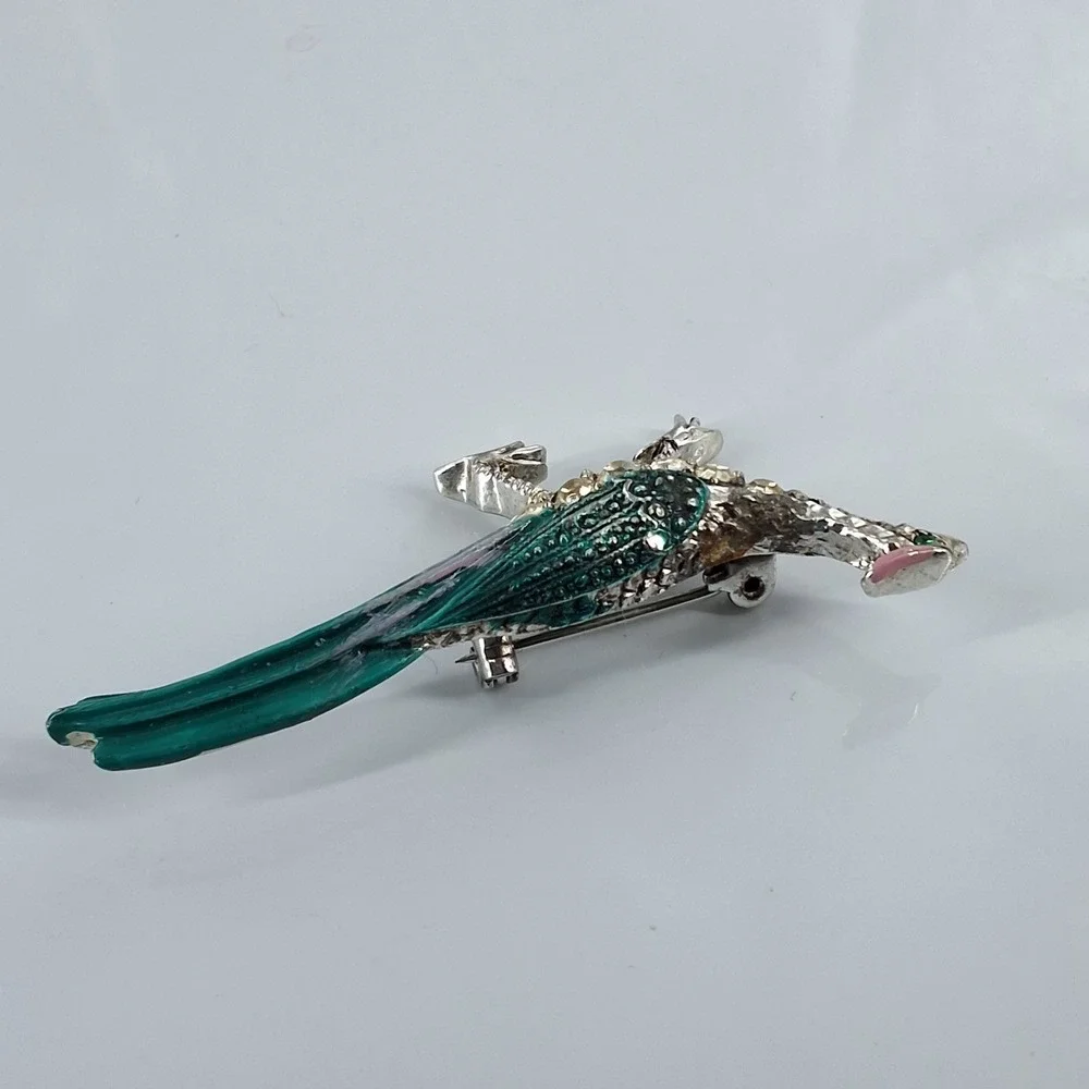 Vintage Silver Tone Teal Enamel Rhinestone Peacock Bird Brooch Pin Figural Art‎